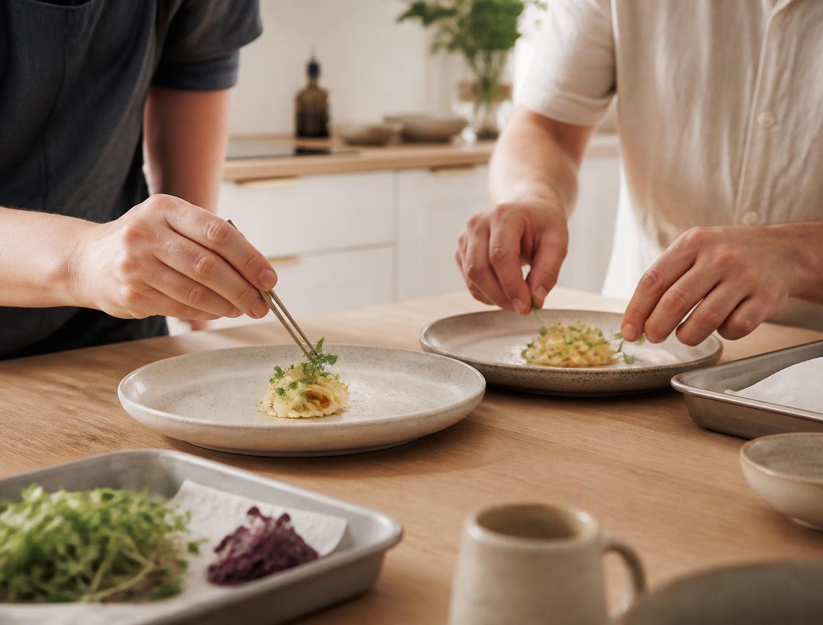 Two home cooks plating a delicate course in a bright Scandinavian kitchen