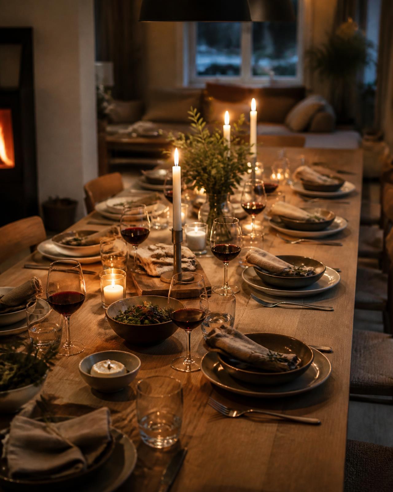 A candlelit dining table set for eight inside a warm Scandinavian home